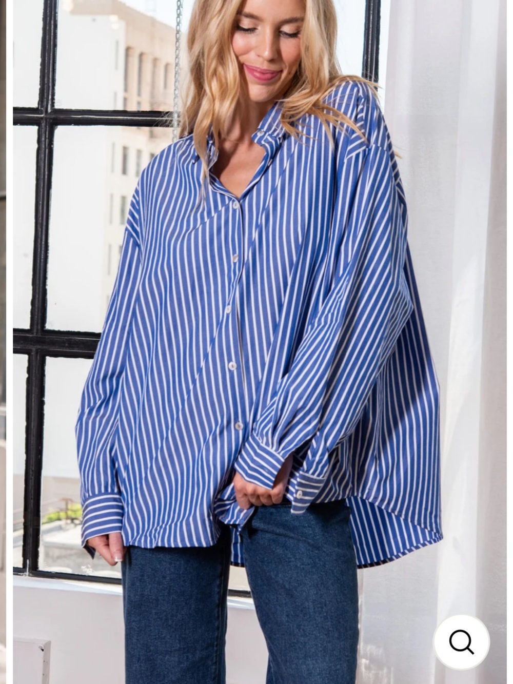 Women's Blue Striped Button-Up Shirt - Oversized Fit